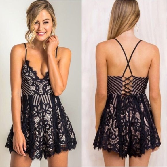 Selfie Leslie Pants - Selfie Leslie Black and Nude Lace Romper